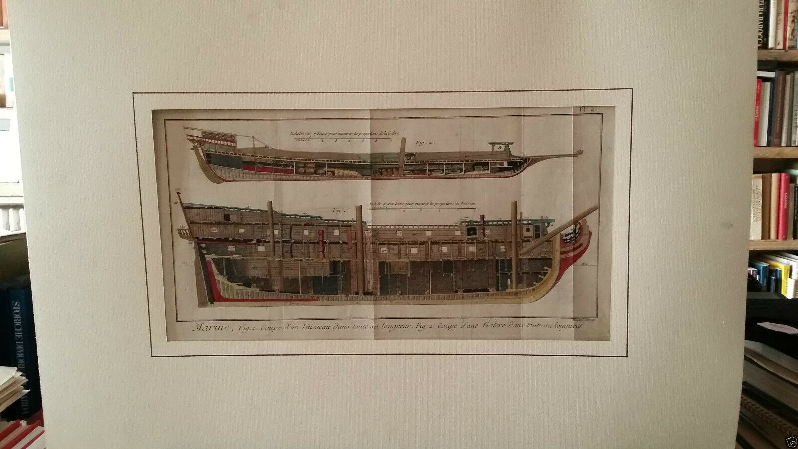 Incisione Acquarellata Spaccato Navale "Marine Vaisseau Et Galere" B. Direx