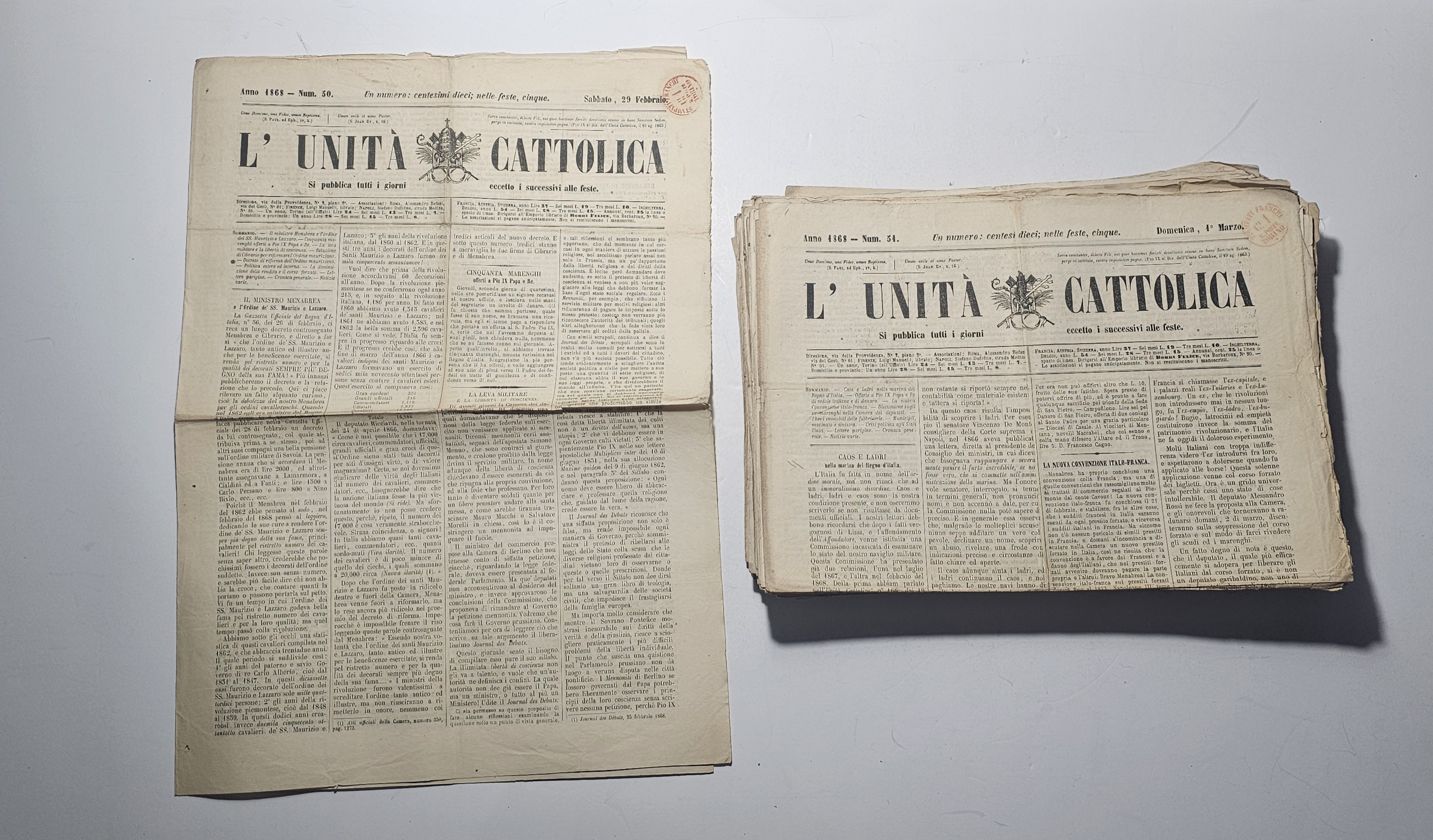 L’Unità Cattolica – Lotto di 72 giornali originali del 1868