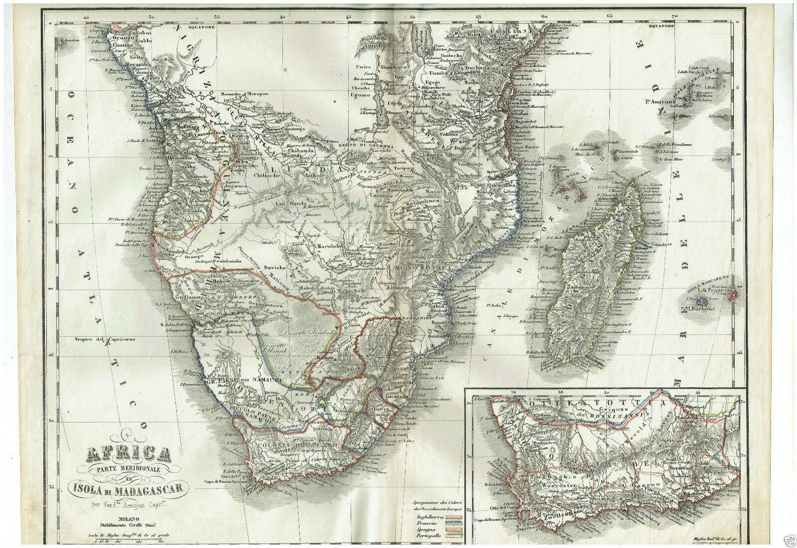 MAPPA ACQUARELLATA AFRICA MERIDIONALE ISOLA MADAGASCAR G. CIVELLI MILANO 1860