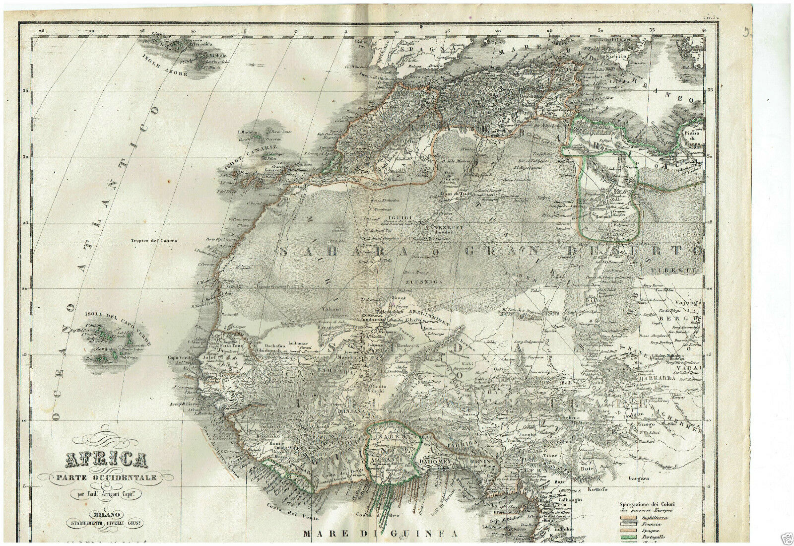 MAPPA ACQUARELLATA AMERICA OCCIDENTALE G. CIVELLI MILANO 1860