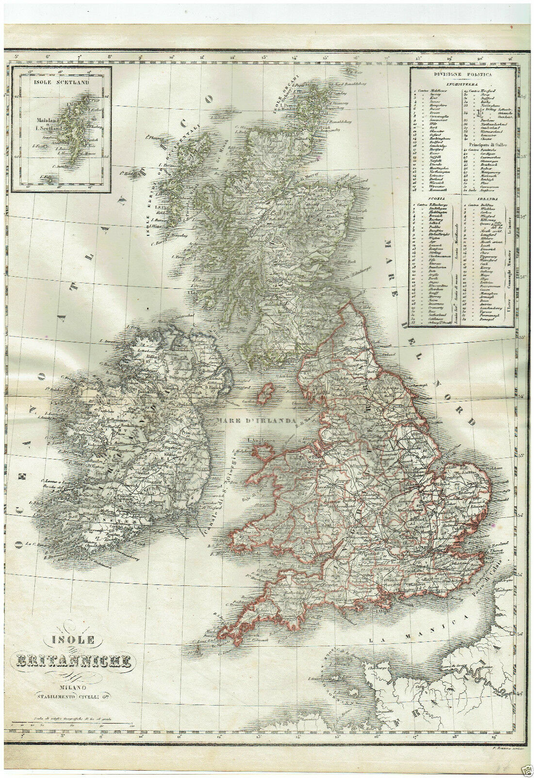 MAPPA ACQUARELLATA ISOLE BRITANNICHE G.CIVELLI MILANO 1860