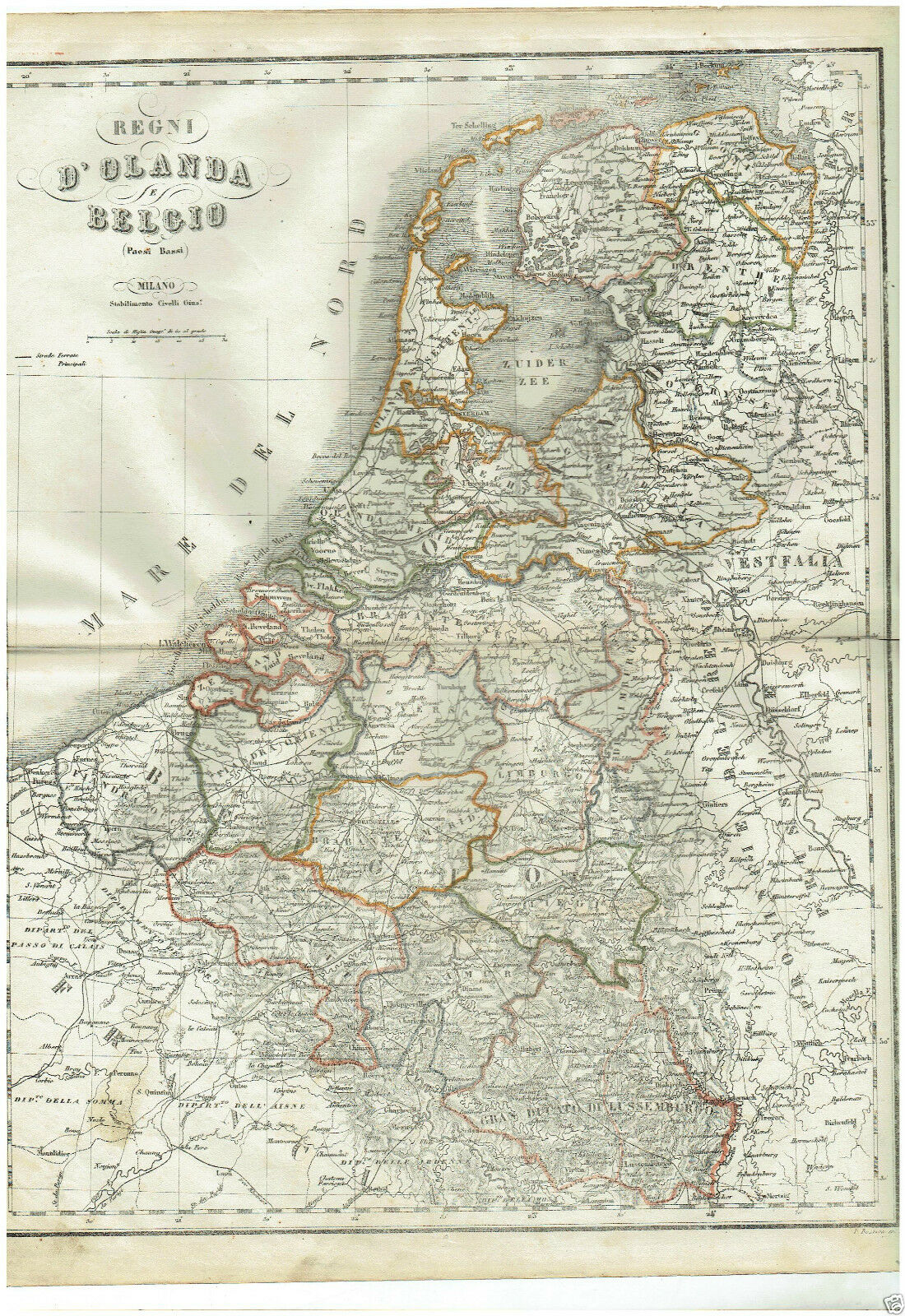 MAPPA ACQUARELLATA REGNI D'OLANDA E BELGIO PAESI BASSI G.CIVELLI MILANO …