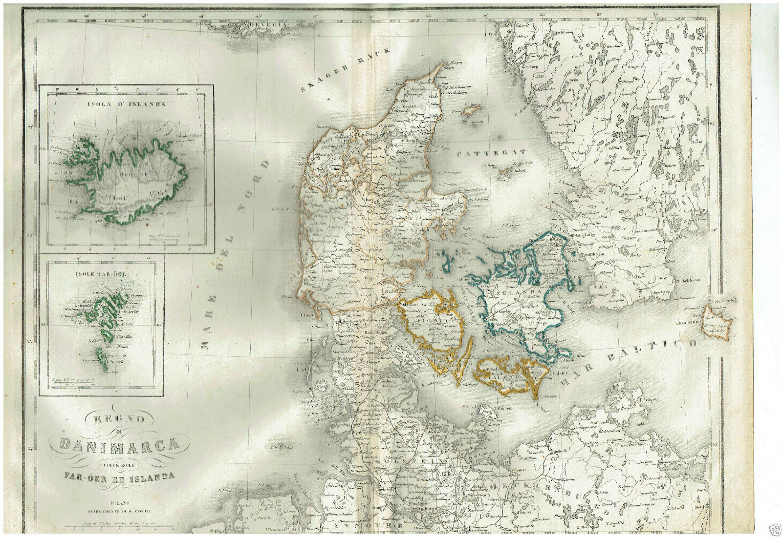 MAPPA ACQUARELLATA REGNO DI DANIMARCA CON ISOLE G.CIVELLI MILANO 1860