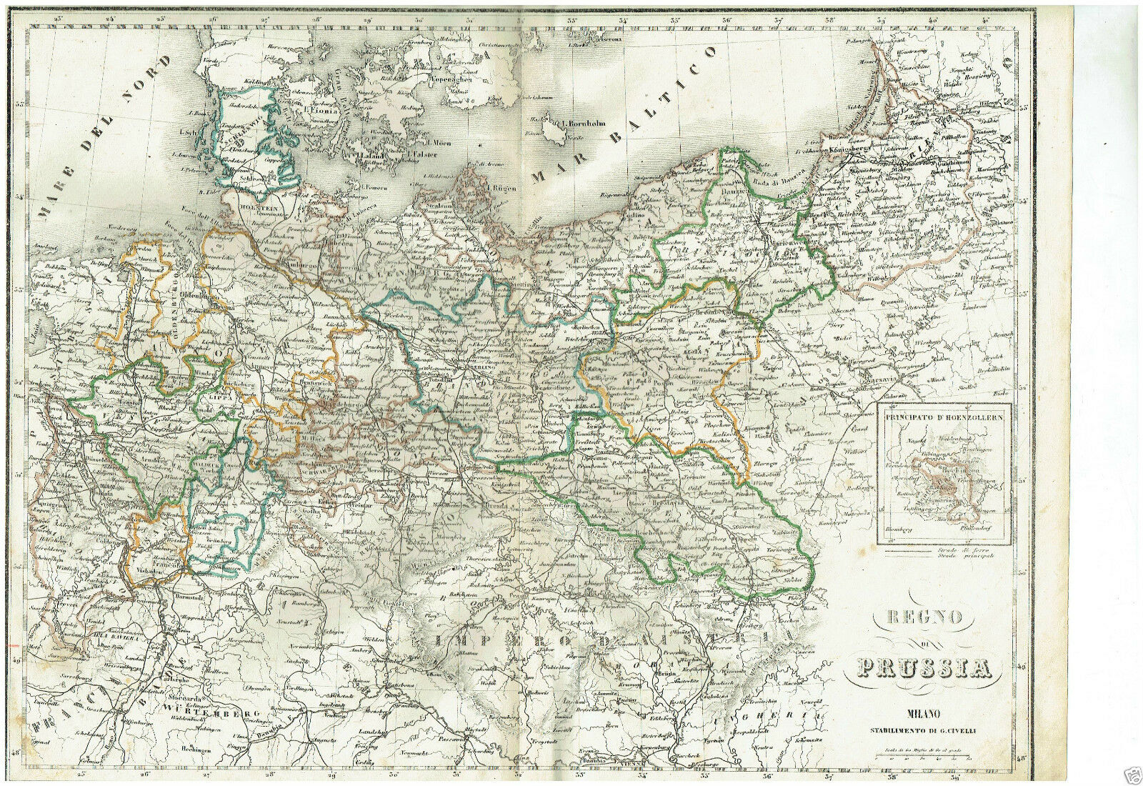 MAPPA ACQUARELLATA REGNO DI PRUSSIA G.CIVELLI MILANO 1860