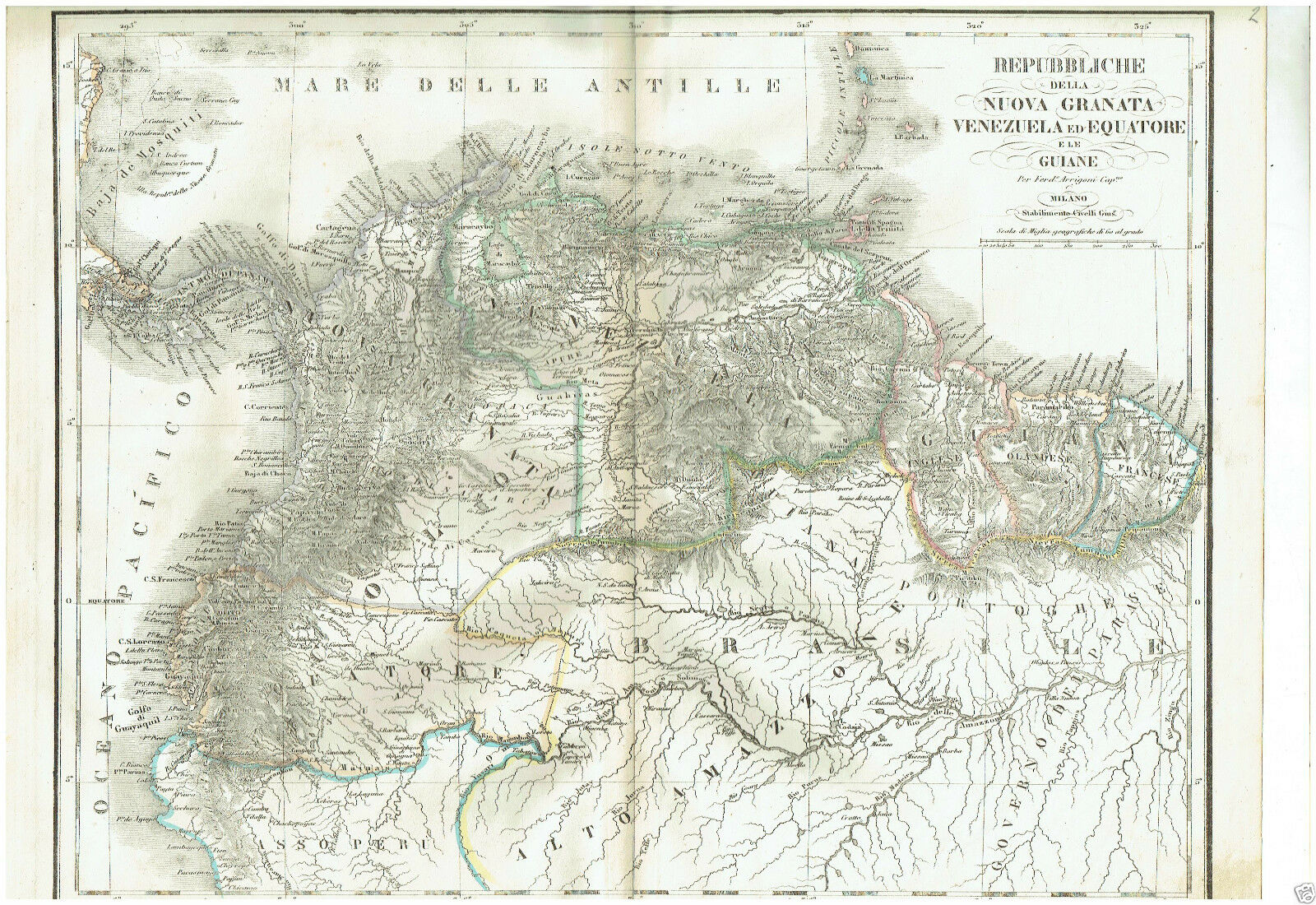 MAPPA ACQUARELLATA REP. GRANATA VENEZUELA EQUATORE GUIANE. G.CIVELLI MILANO 1860