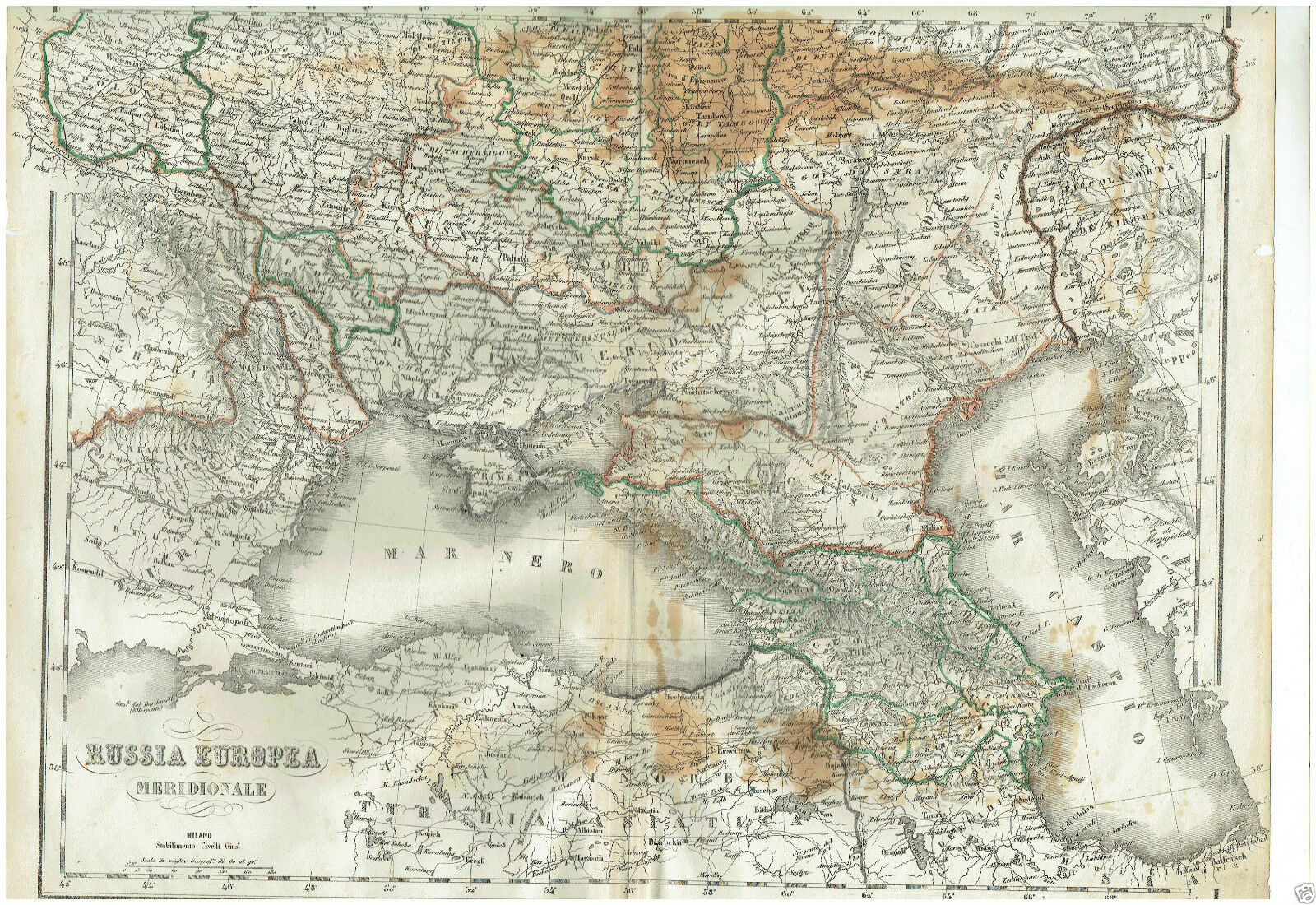 MAPPA ACQUARELLATA RUSSIA MERIDIONALE G.CIVELLI MILANO 1860
