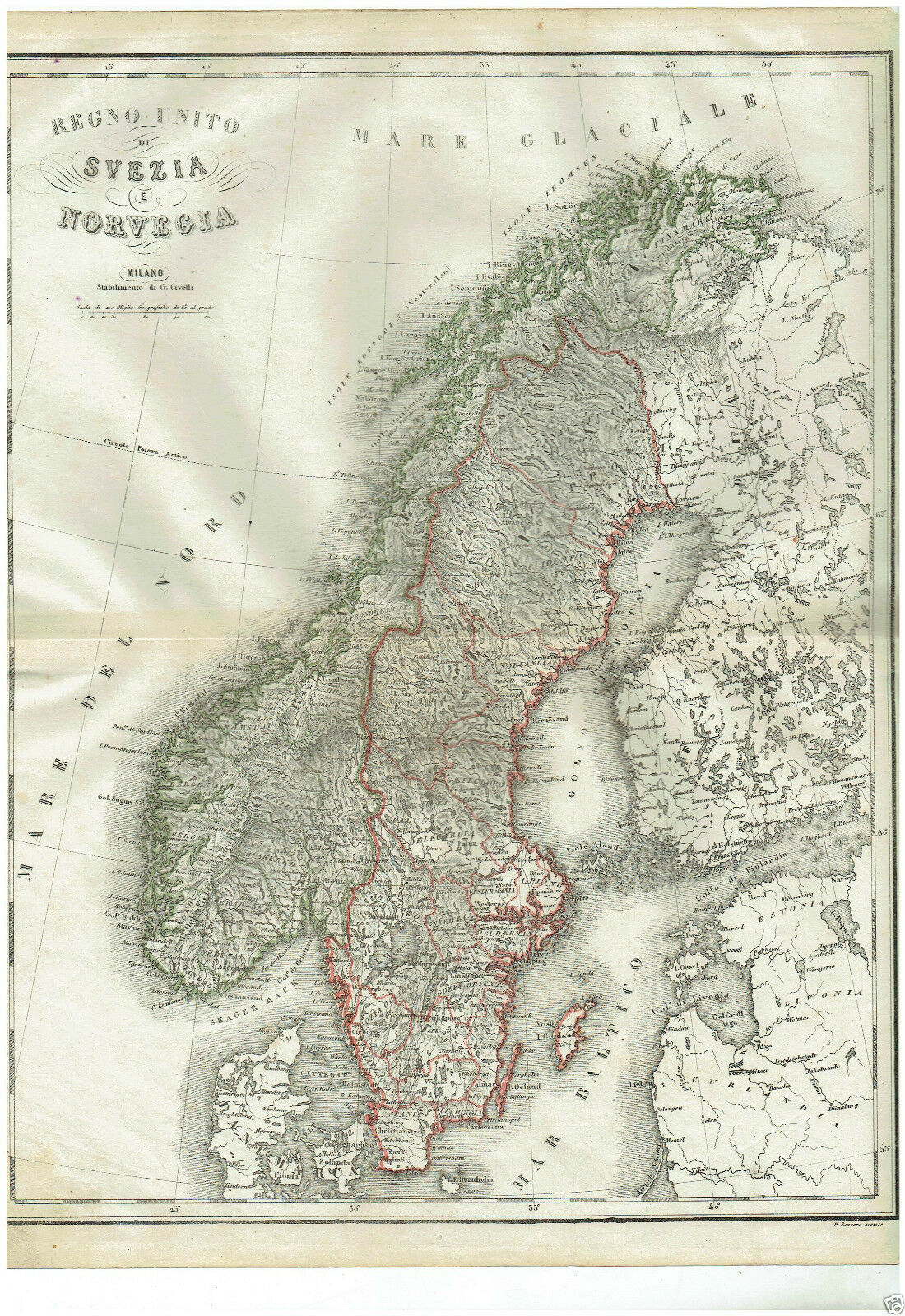 MAPPA ACQUARELLATA SVEZIA NORVEGIA REGNO UNITO G.CIVELLI MILANO 1860