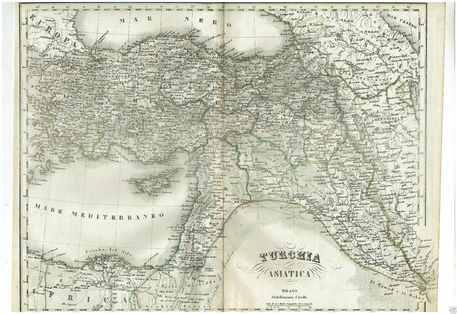 MAPPA ACQUARELLATA TURCHIA ASIATICA G. CIVELLI MILANO 1860