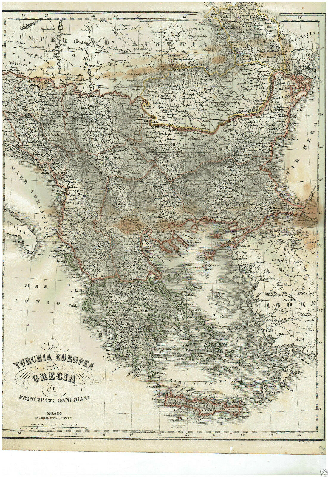 MAPPA ACQUARELLATA TURCHIA GRECIA PRINCIPATI DANUBBIANI G.CIVELLI MILANO 1860
