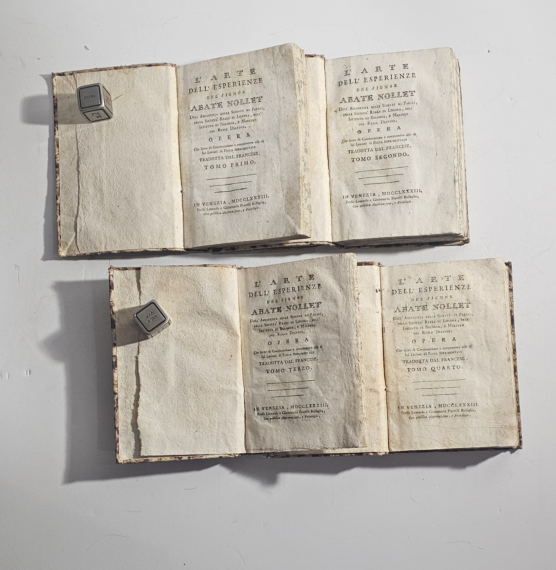 Nollet, Abate – L’Arte delle Esperienze. Venezia, 1783. 4 voll.