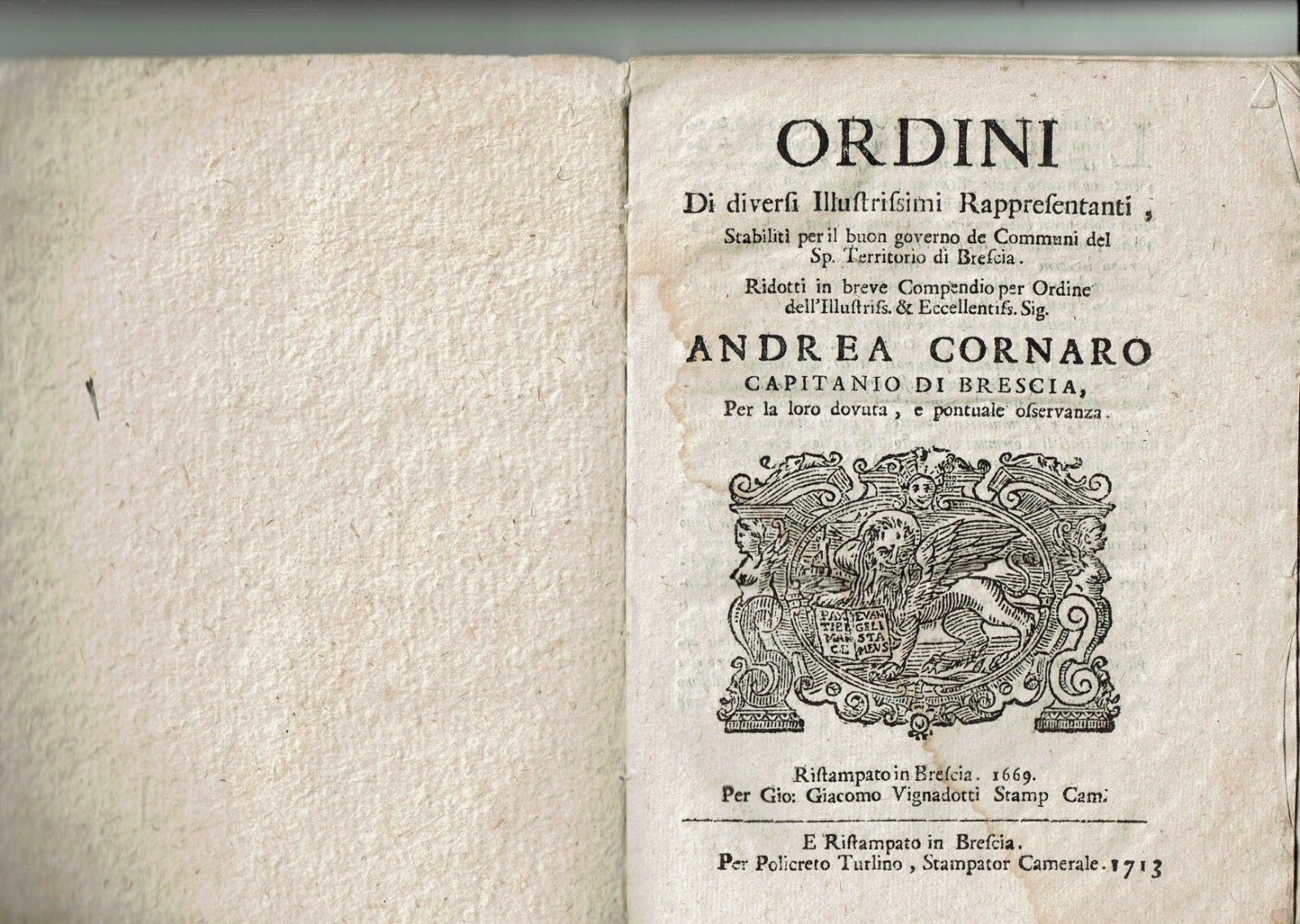 ORDINI DI DIVERSI ILLUSTRISSIMI RAPPRESENTANTI STABILITI.. BRESCIA 1713