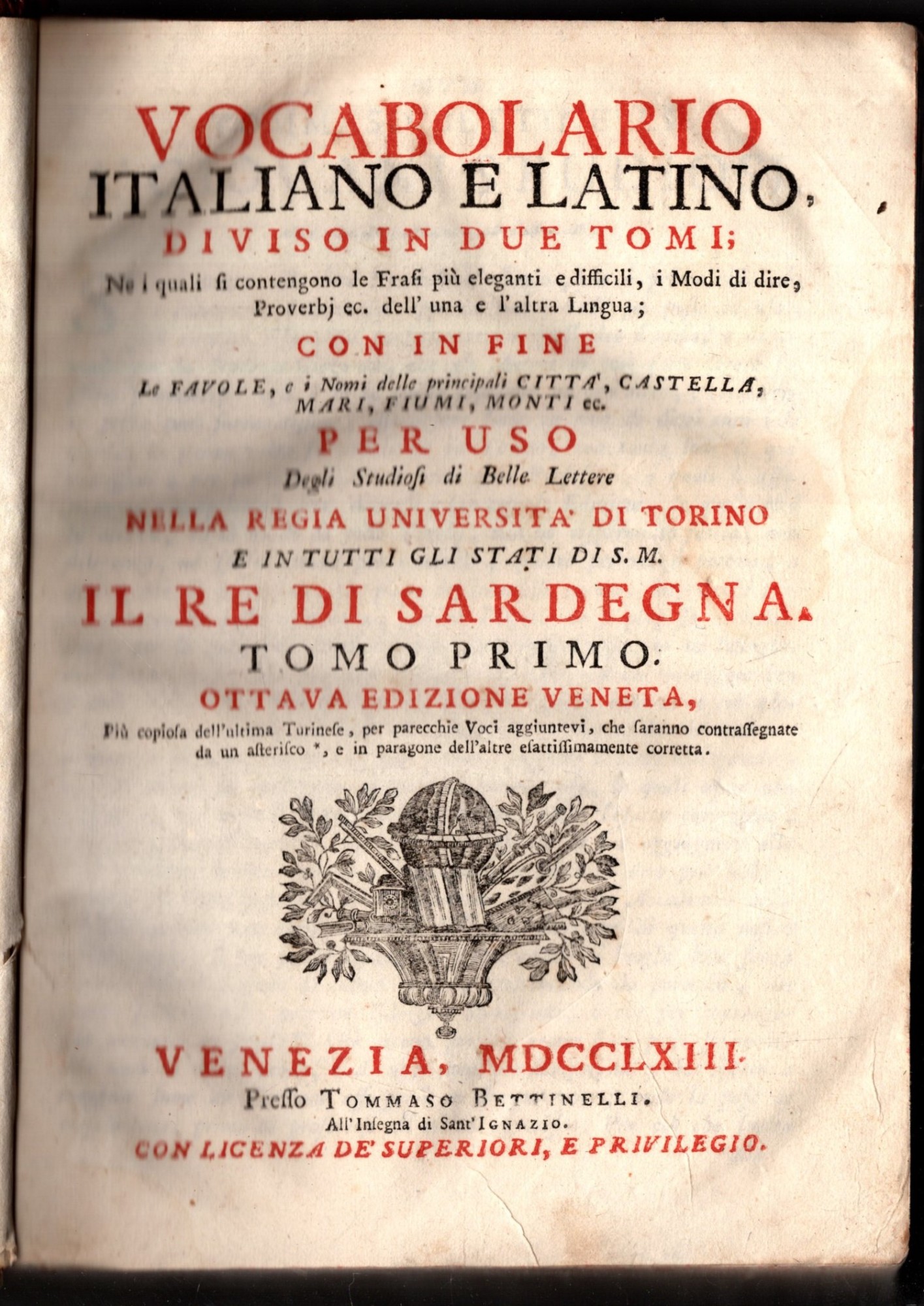 Vocabolario Latino Italiano - Vocabula Latini Italique 1763