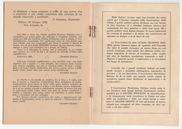 A.M.I. Origini e scopi della Associazione mazziniana Italiana Milano 1945