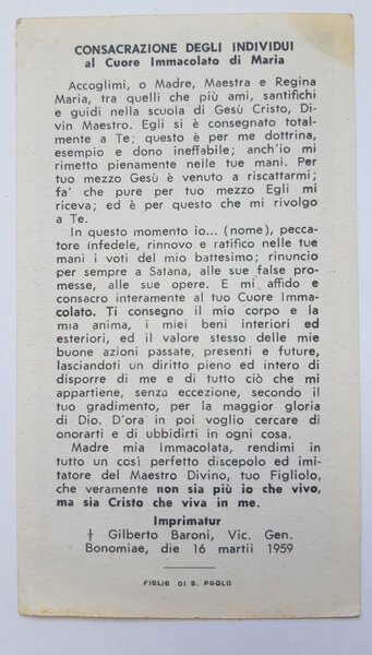 Santino holy card Cuore immacolato di Maria consacrazione dell'individuo 1959
