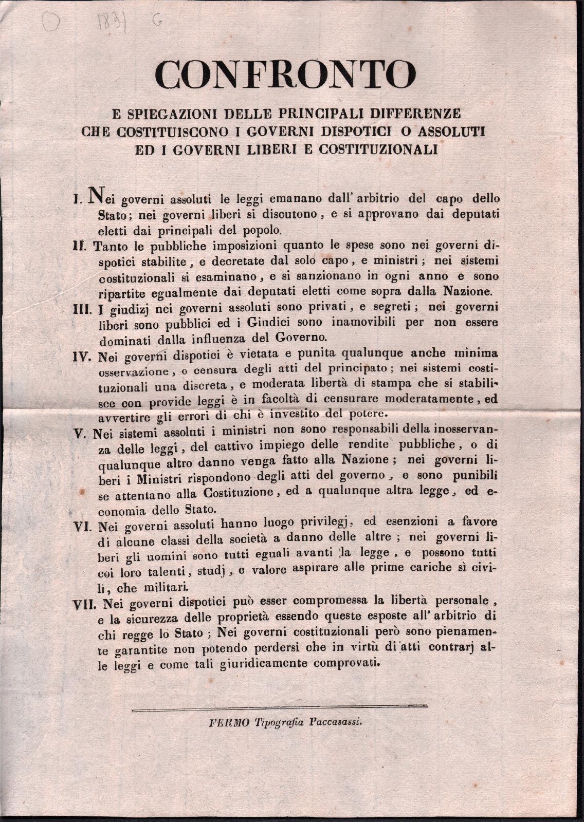 1831 confronto tra governi assoluti e governi costituzionali Fermo 1831