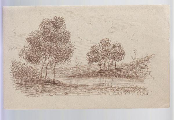 Disegno a penna siglato G C Alcuni alberi sulle rive …