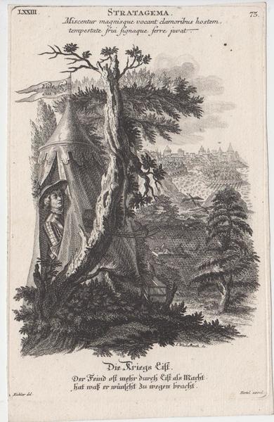 Stampa antica old print Incisione Strattagemma Historiae et Allegoriae Eichler …