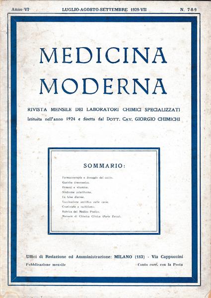 Aa.Vv. Medicina Moderna Rivista Luglio-Agosto Sett. 1929 L5568