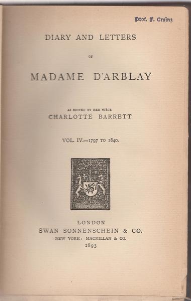 Diary And Letters Of Madame D'arblay Vol Iv 1797-1840 Sonneschein …