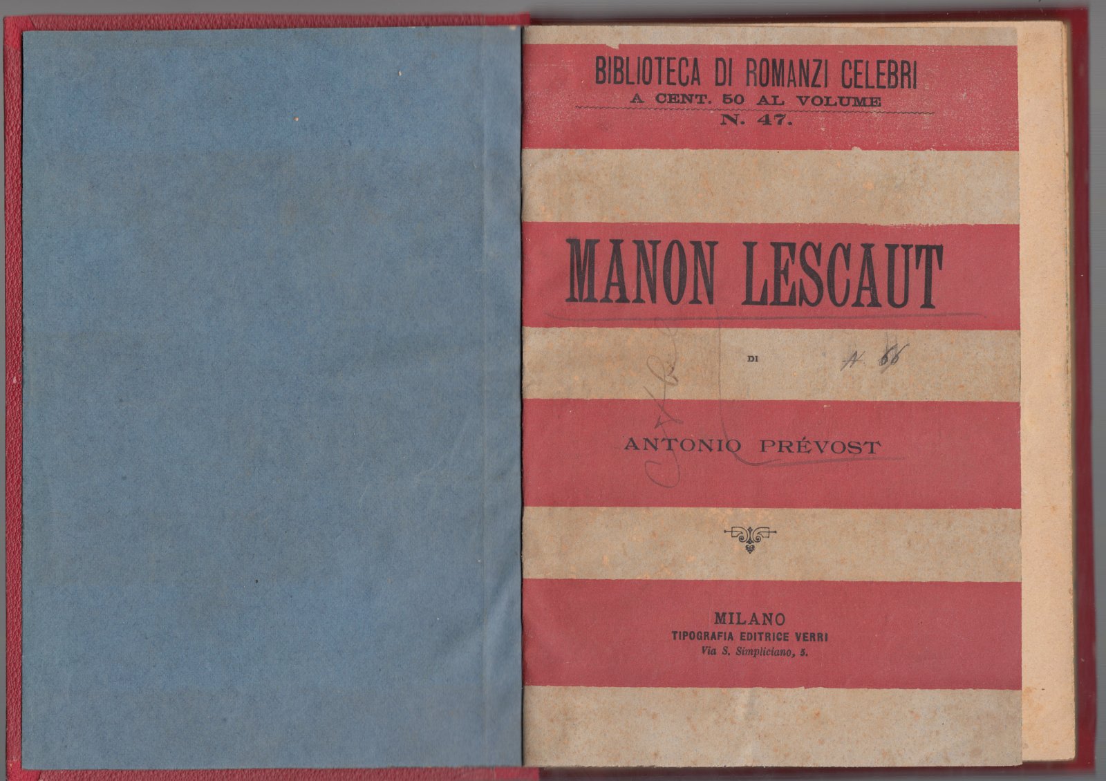 Antonio Prevost Manon Lescaut Tipografia Verri 1896 Carboneria Abela