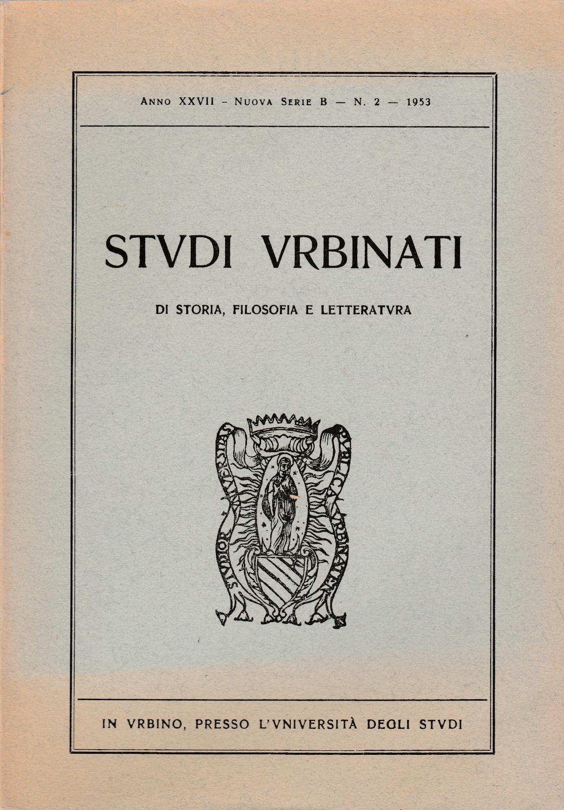 Aa.Vv. Studi Urbinati Anno Xxvii Nuova Serie B N.2 1953-L4519