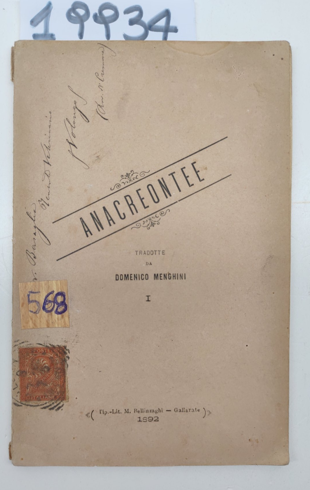 Anacreontee tradotte da Domenico Minghini Bellinzaghi 1892 autografato