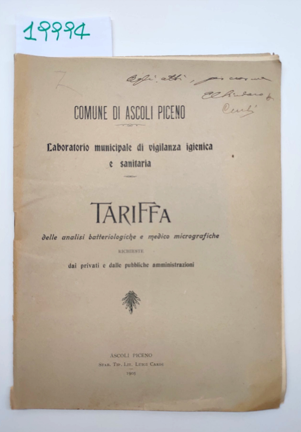 Ascoli Piceno Laboratorio municipale di vigilanza igienica e sanitaria tariffa …