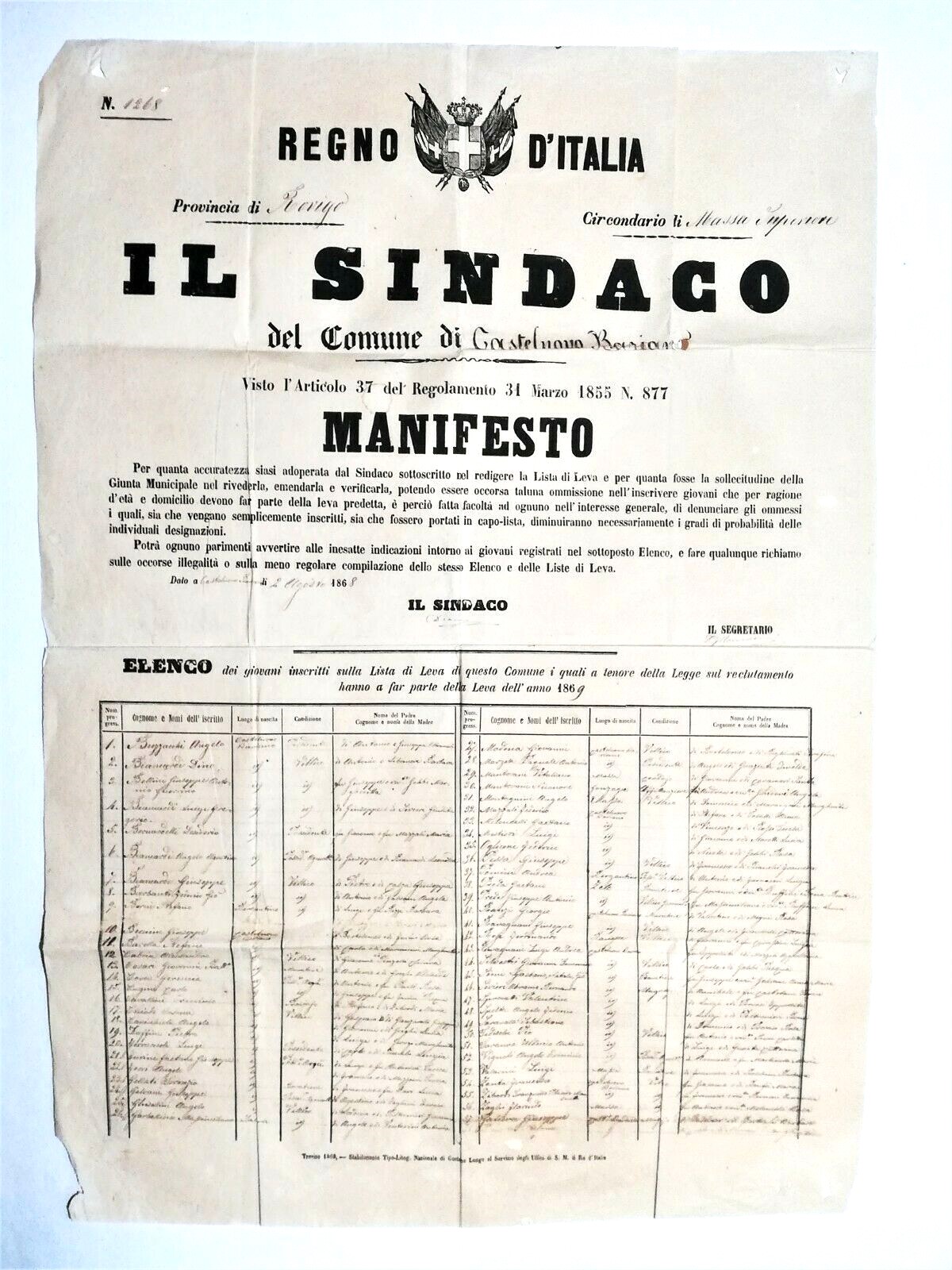 Bando Castelnuovo Bariano Rovigo Elenco manoscritto 57 nomi lista di …