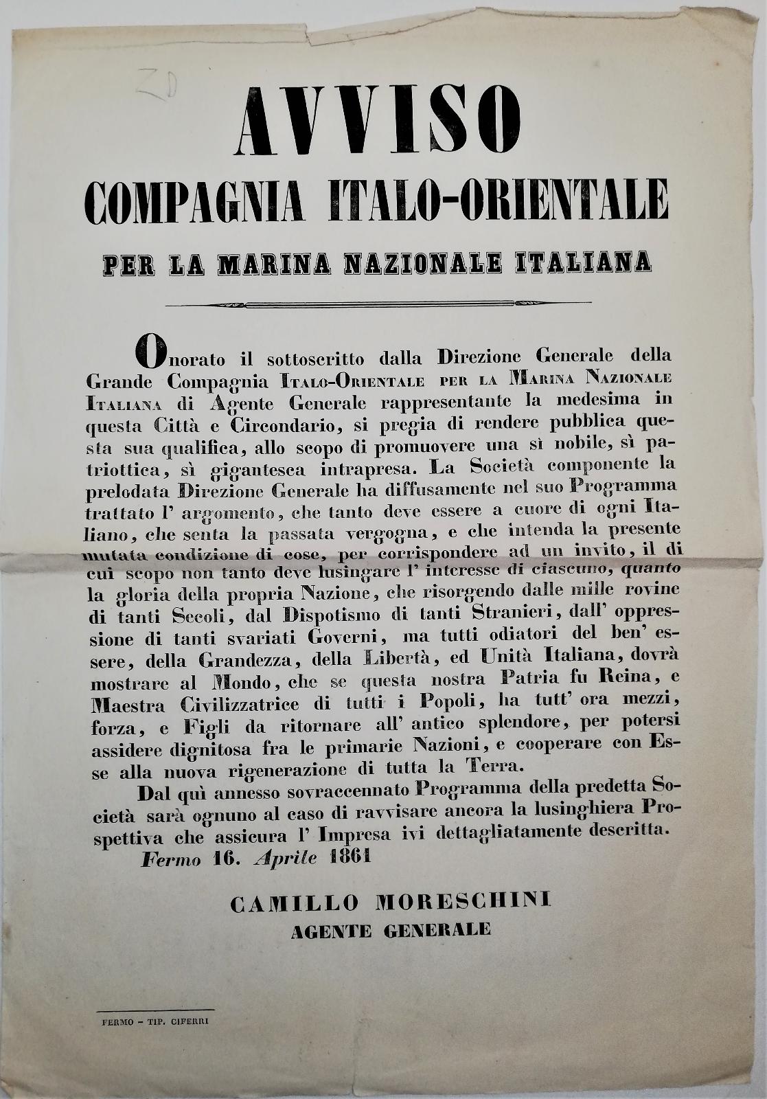 Bando-Compagnia italo-orientale per la Marina Nazionale Italiana-Moreschini 1861