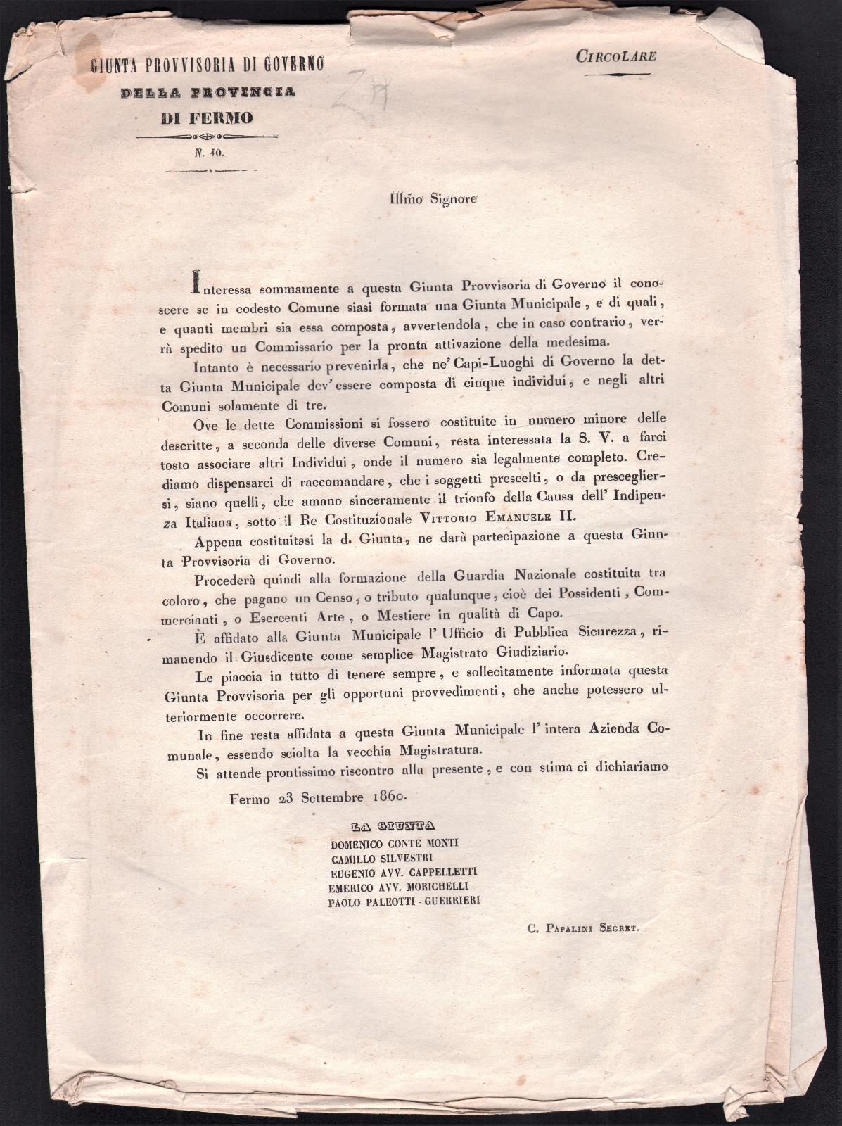 Bando giunta provvisoria di governo formazione giunta Municipale settembre 1860