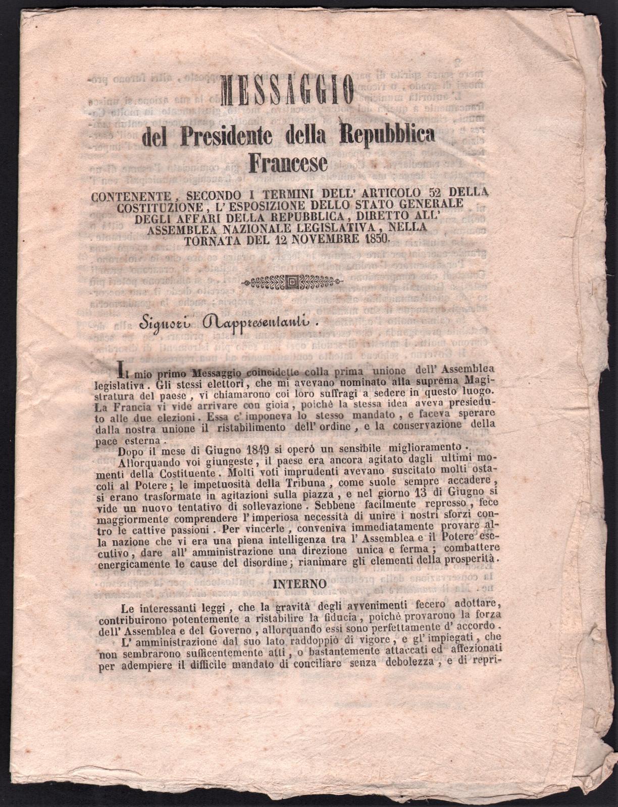 Bando messaggio di Napoleone III sulla situazione politica della Francia …