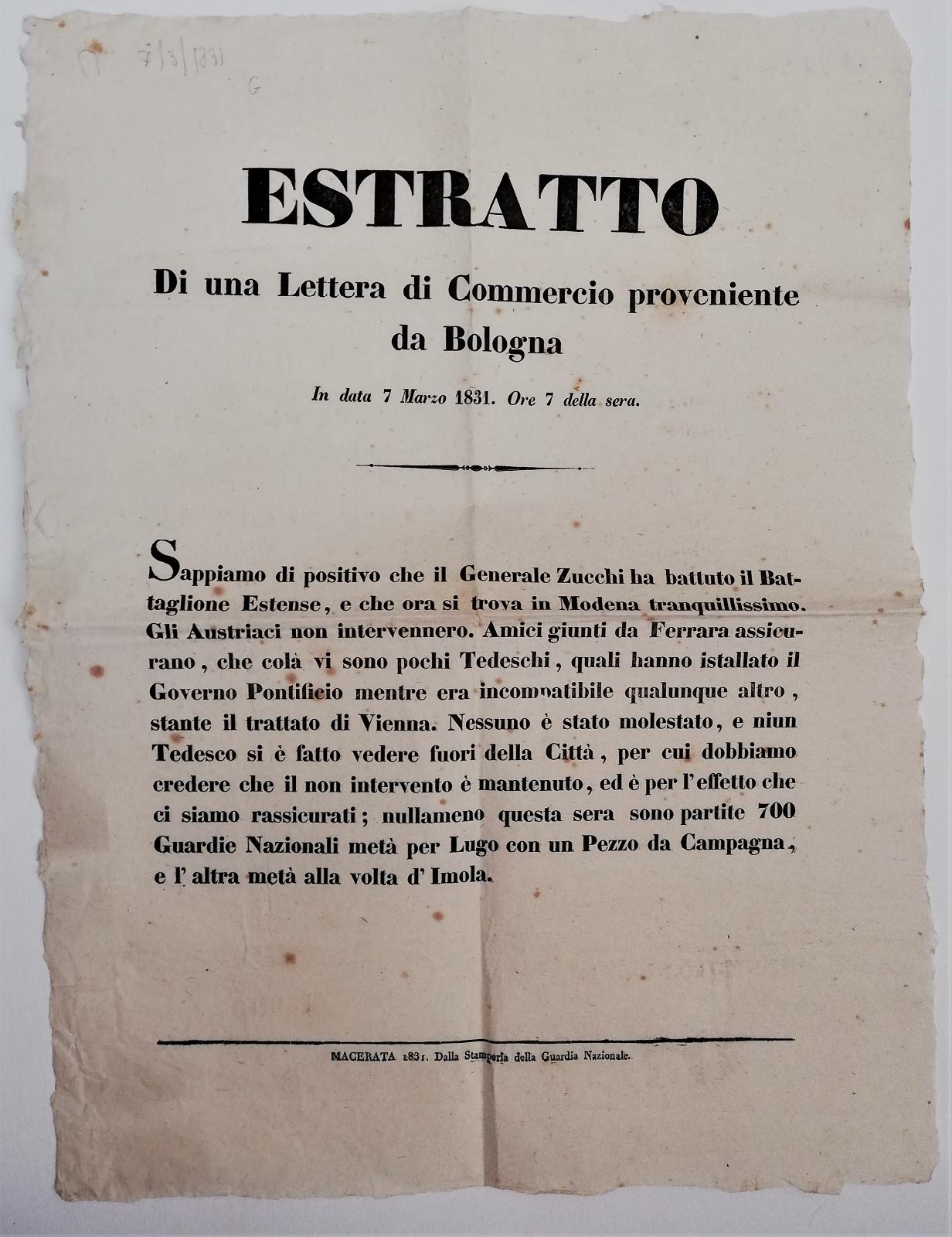 Bando-Moti 1831 In generale Zucchi comandante degli insorti si rifugia …