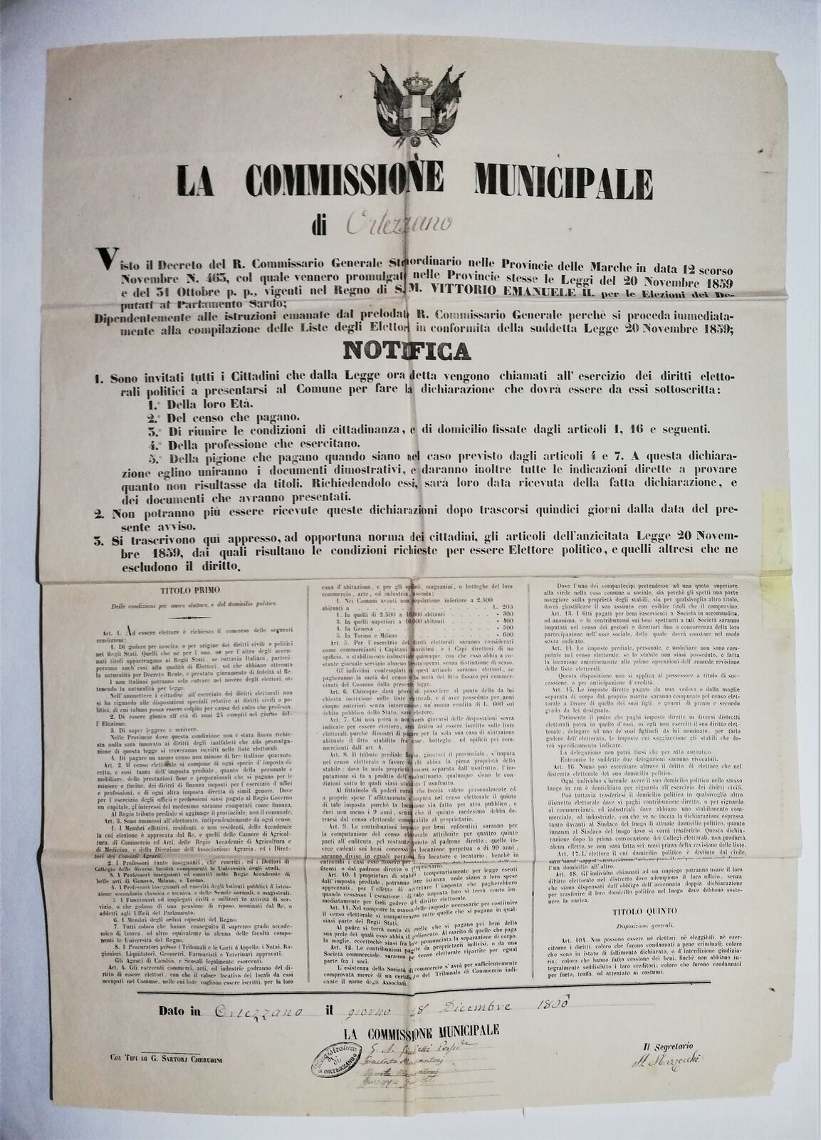 Bando Regno d'Italia Ortezzano Fermo elezioni 28 dicembre 1860