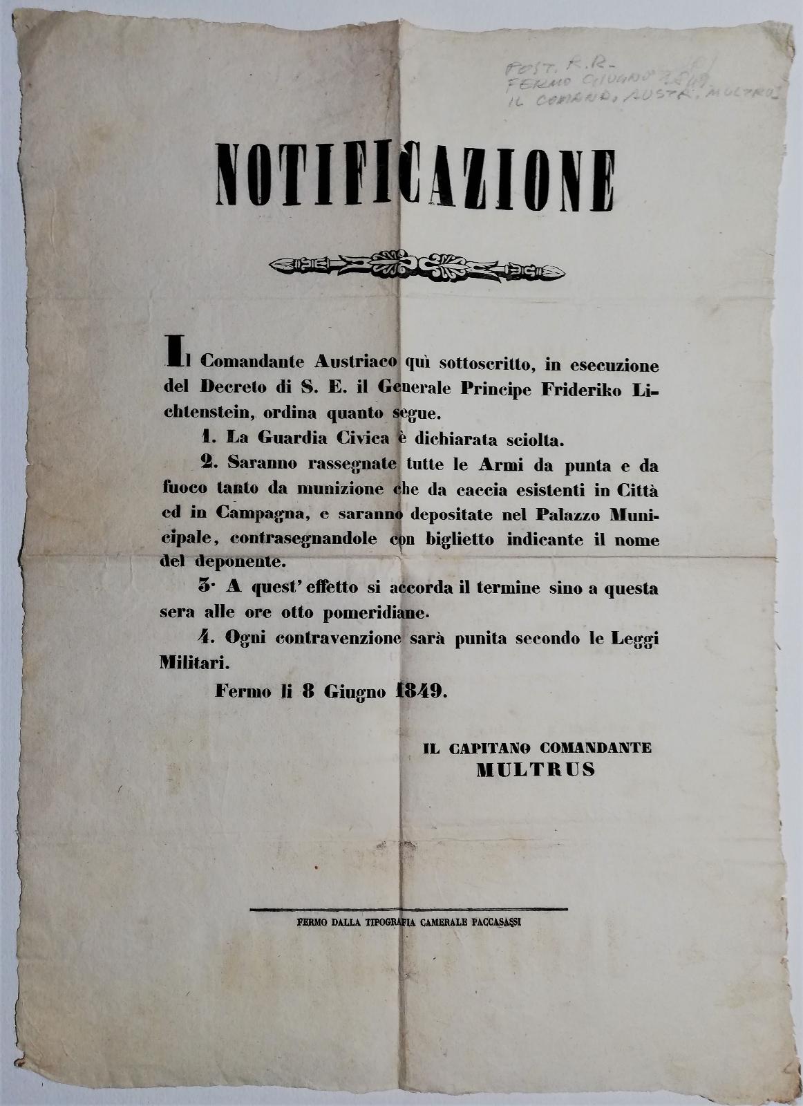 Bando Repubblica Romana gli austriaci ordinano di rassegnare le armi …