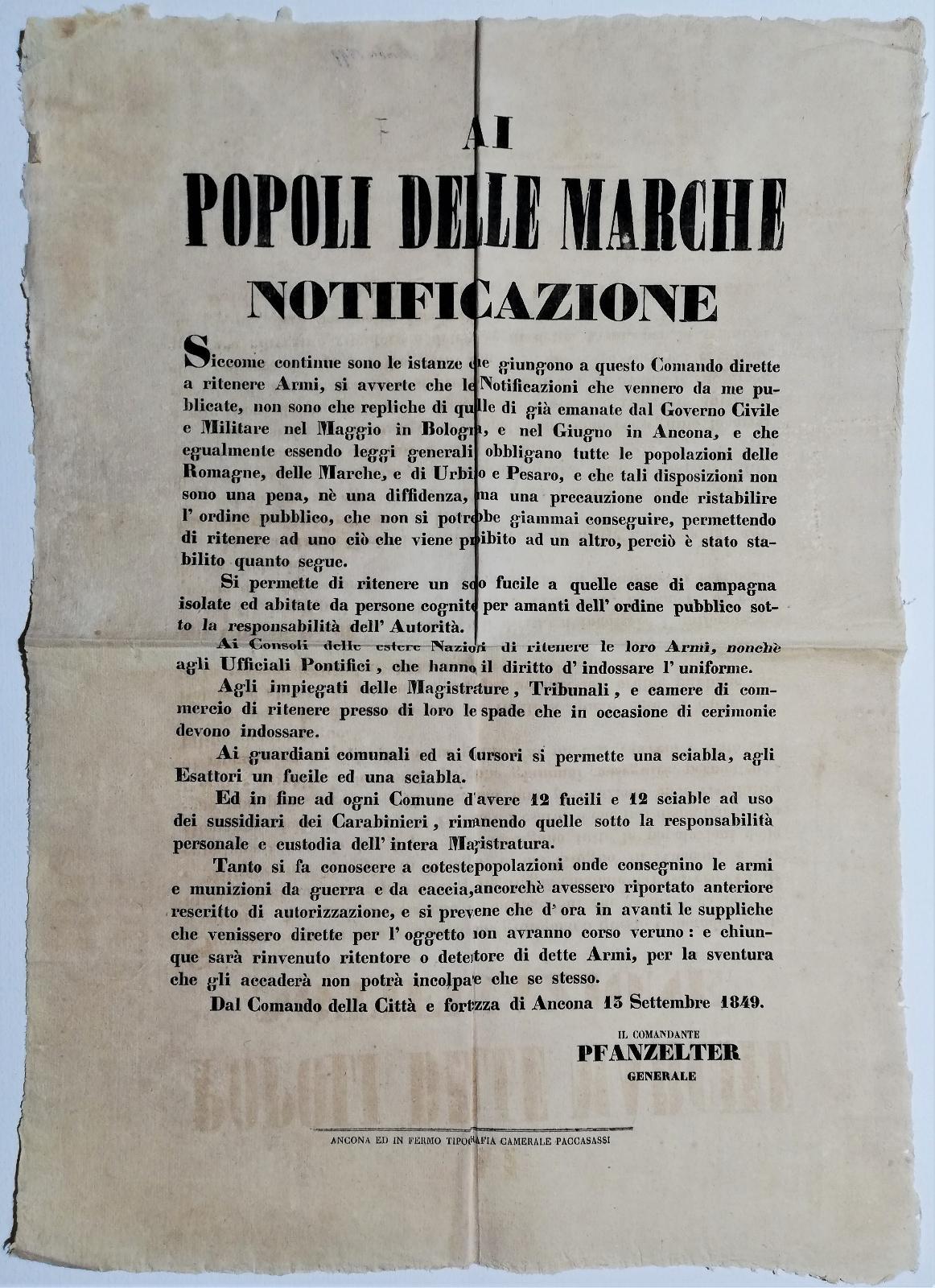 Bando Repubblica Romana Restaurazione-Disposizioni sul porto delle armi 1849