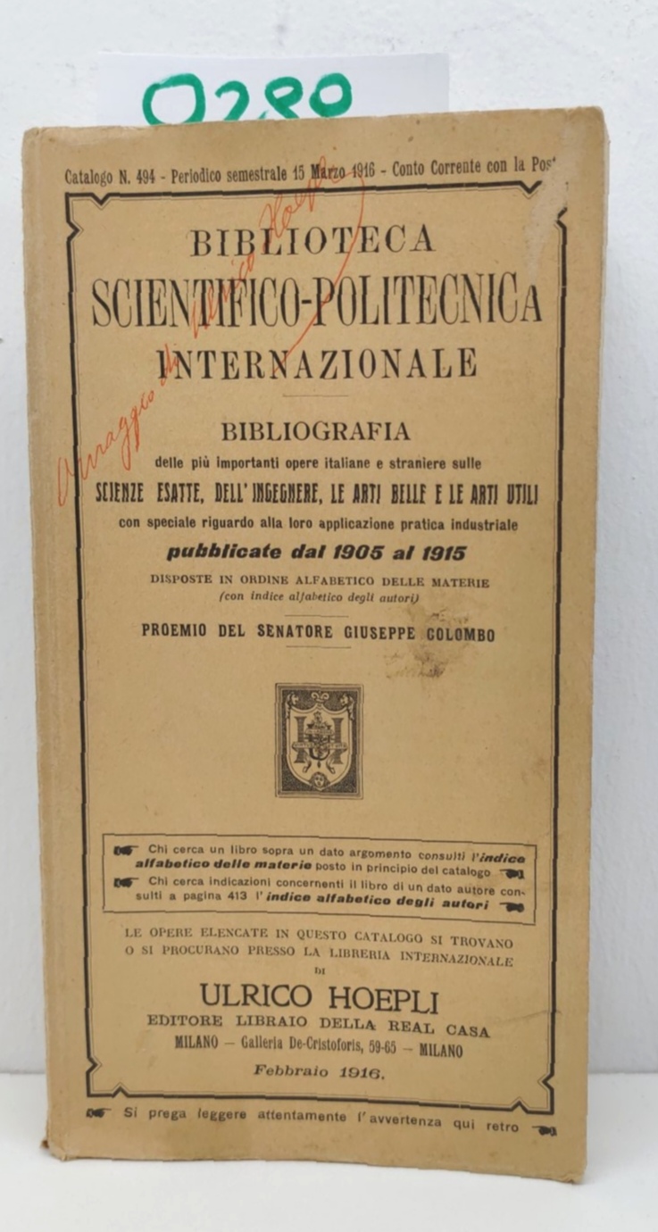 Biblioteca scientifico politecnica internazionale bibliografia dal 1905 al 1915 Hoepli …