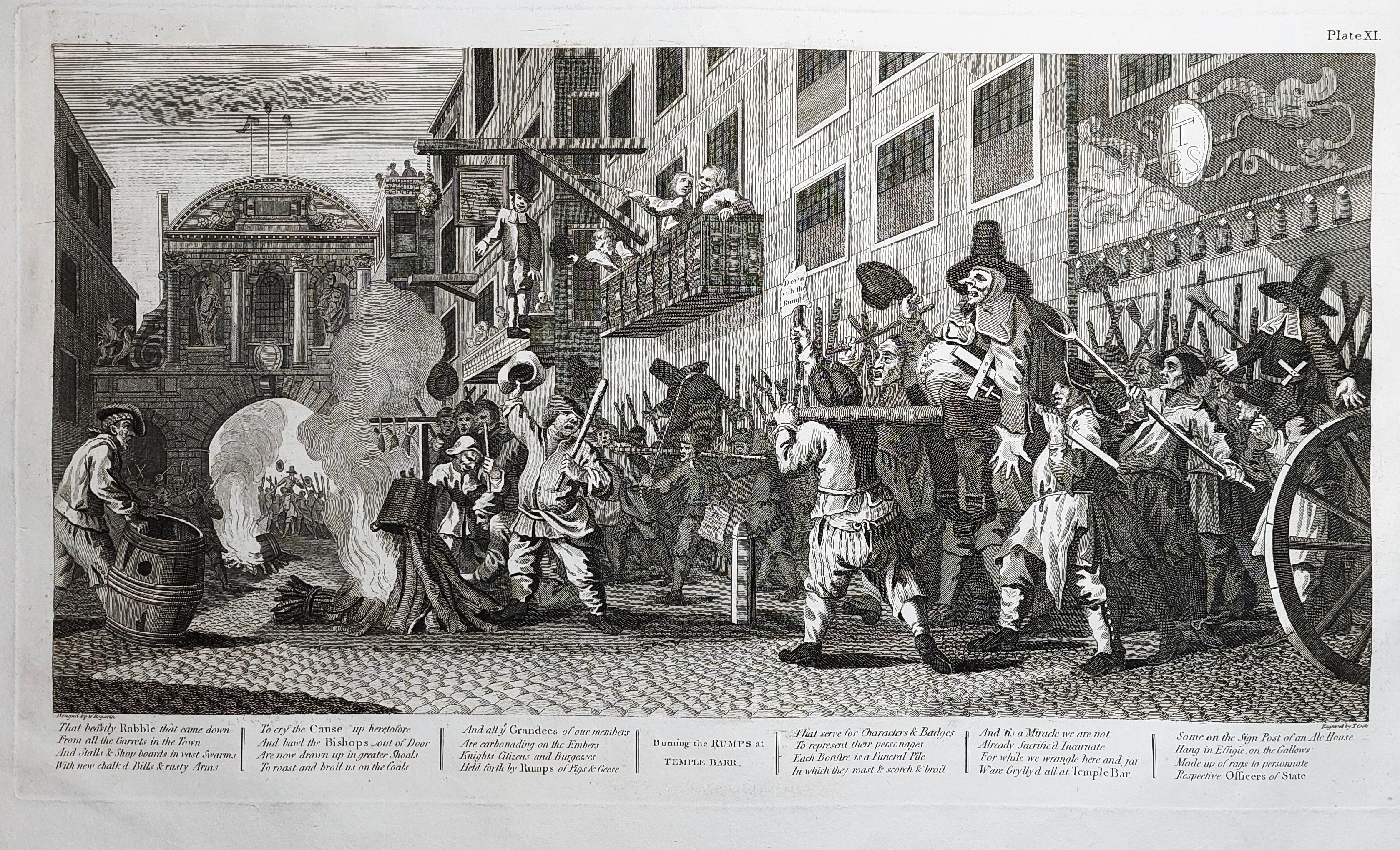 Stampa antica Antique print Original Autore William Hogarth Burning the …