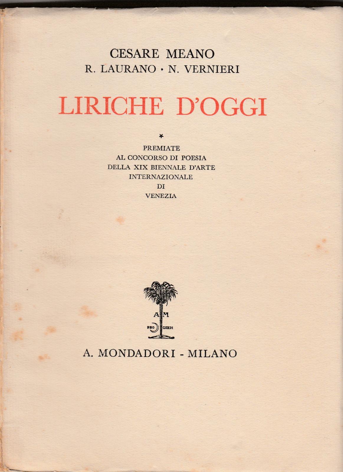 C. Meano R. Laurano N. Vernieri Liriche d'oggi Mondadori 1935