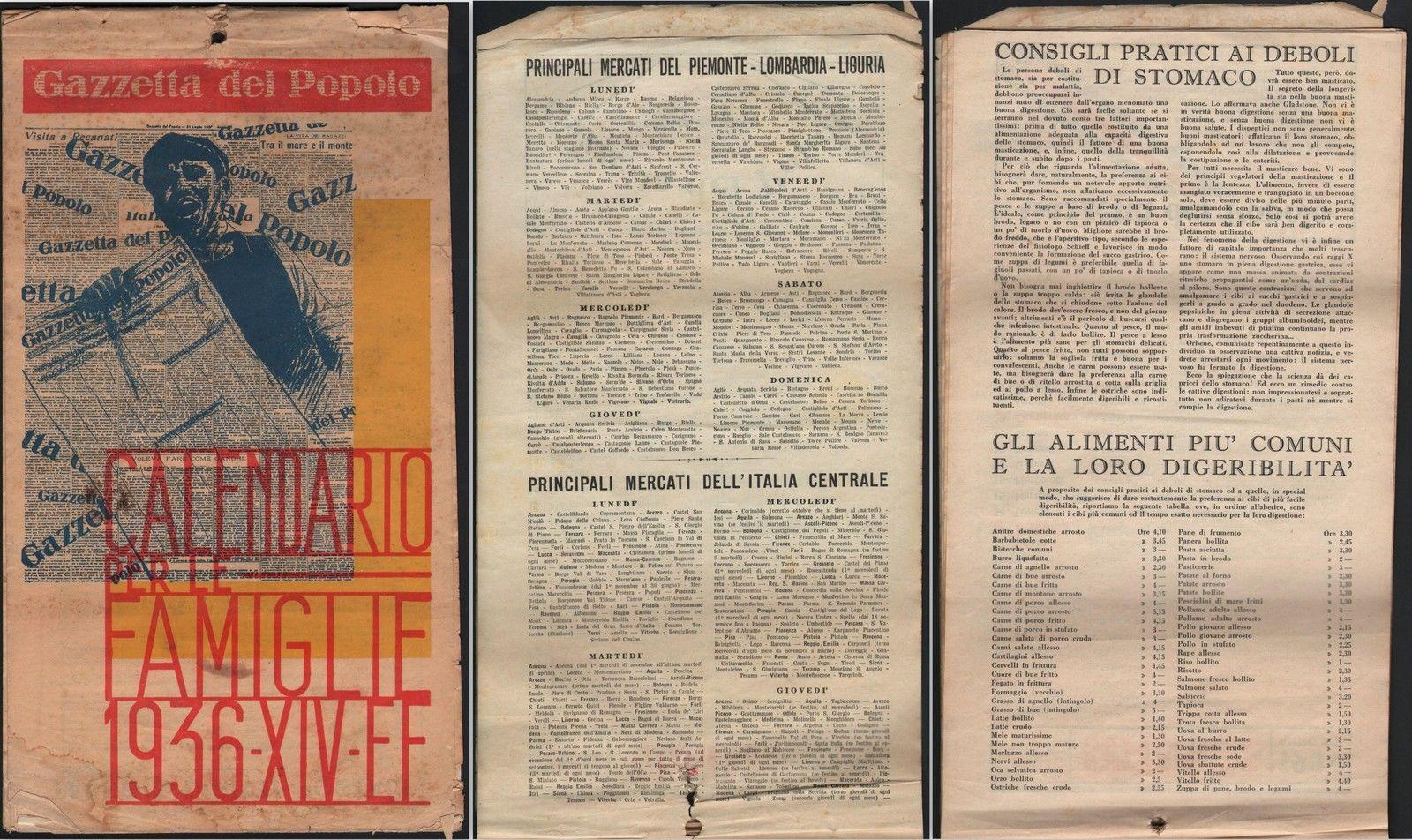 CALENDARIO PER LE FAMIGLIE 1936-GAZZETTA DEL POPOLO-24 pp.CON RICETTE