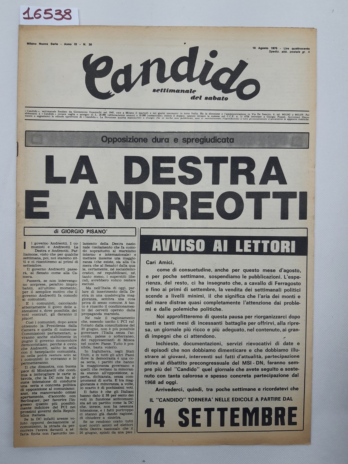 Candido settimanale del sabato numero 30 10 agosto 1976