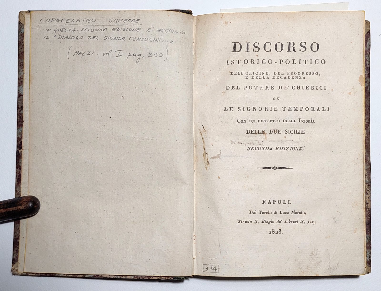Capelcelatro Giuseppe Discorso istorico-politico dell'origine, del progresso e della decadenza …