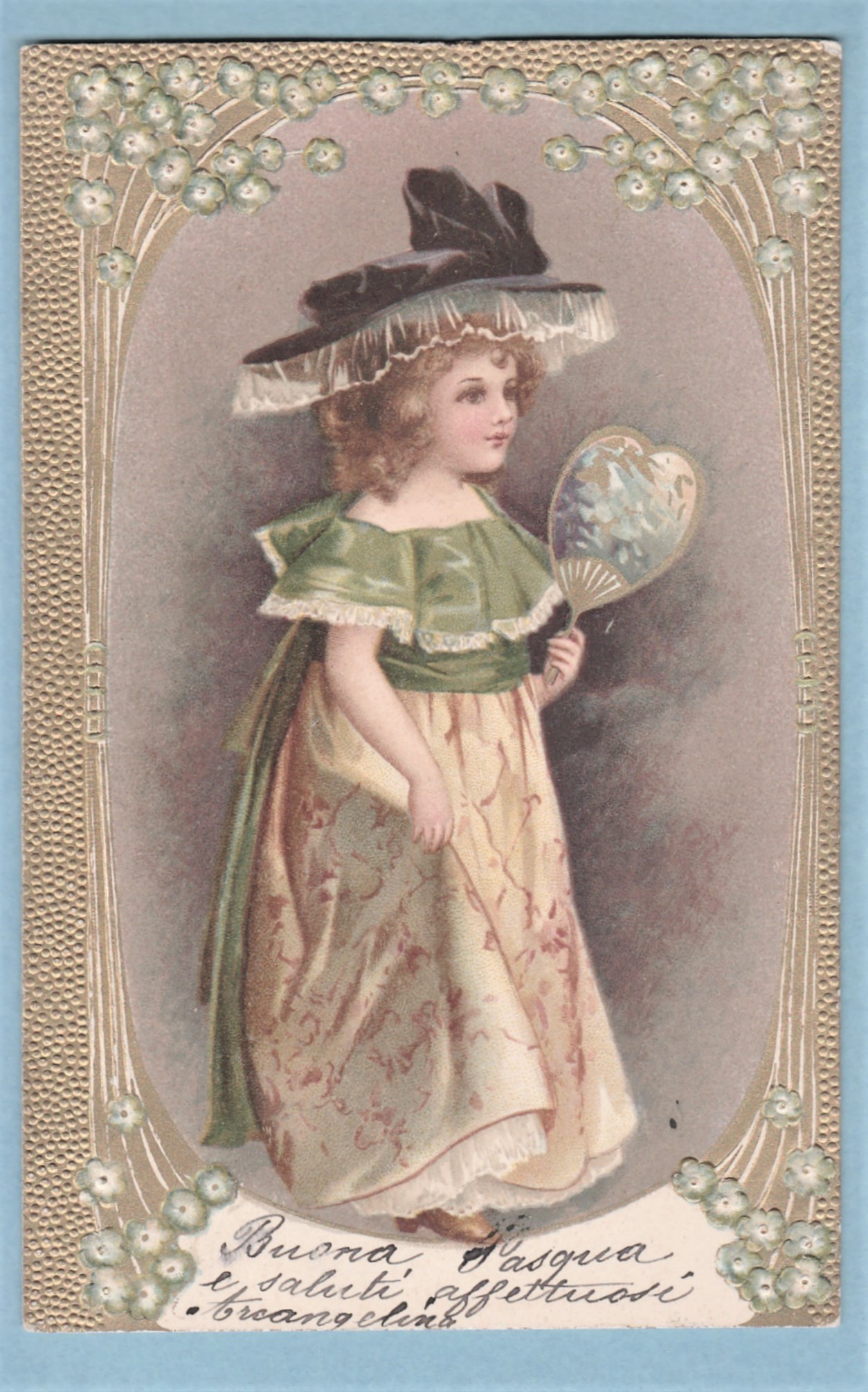 Cartolina bambina entro cornice con fiori a rilievo vg 1900 …