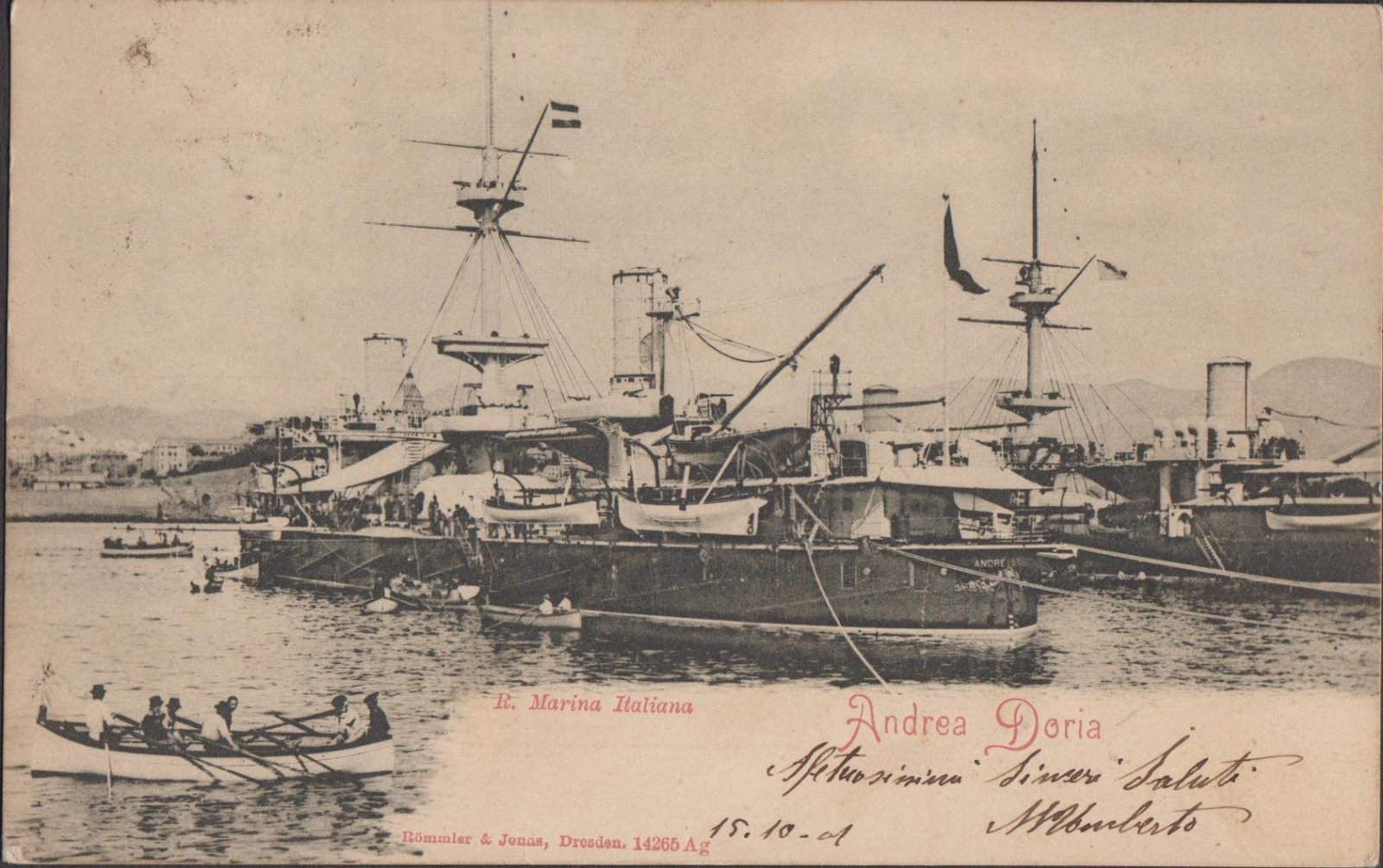 Cartolina Marina Italiana Andrea Doria animata viaggiata 1901