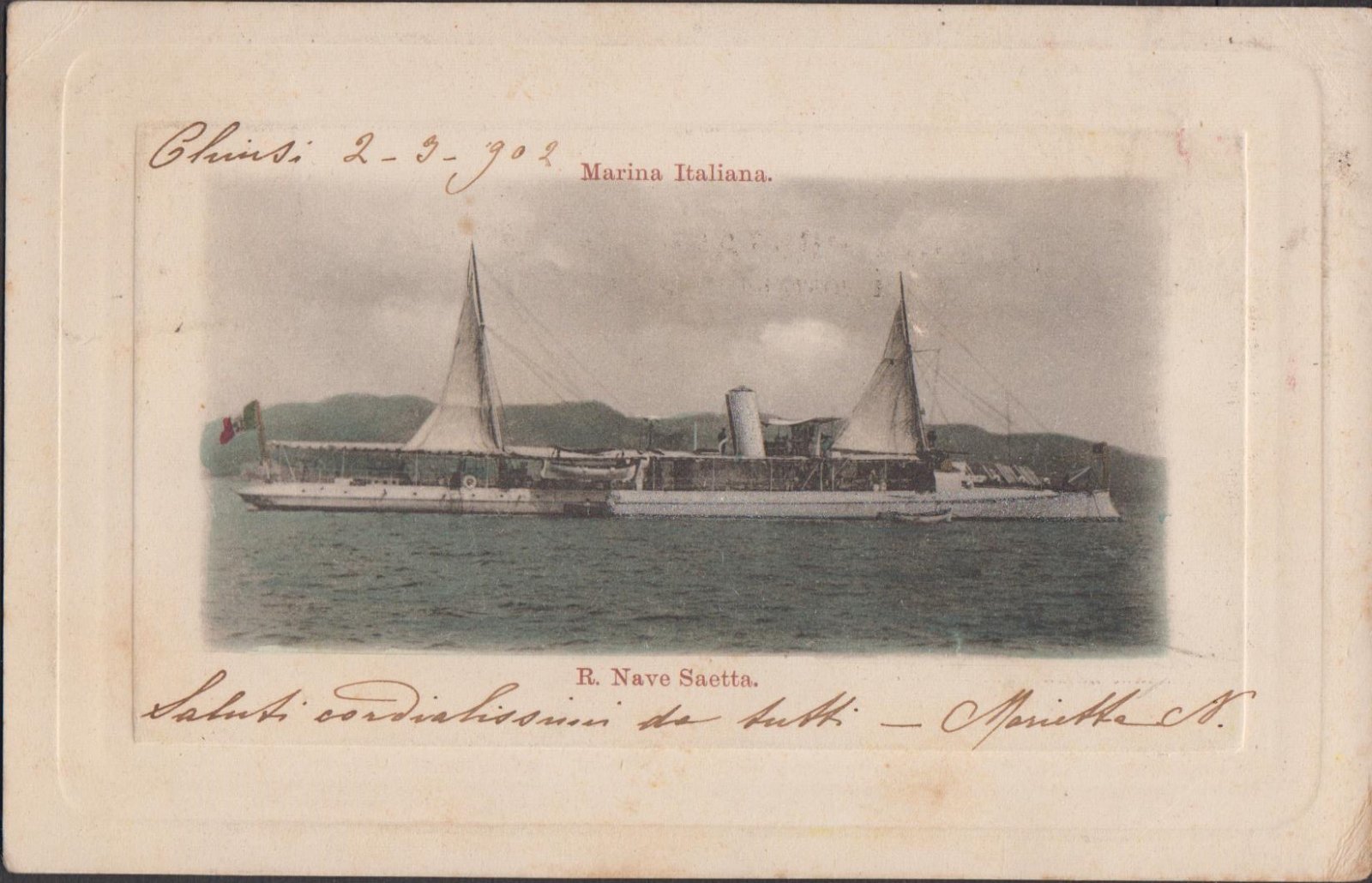 Cartolina Marina Italiana R. Nave Saetta vg 1902