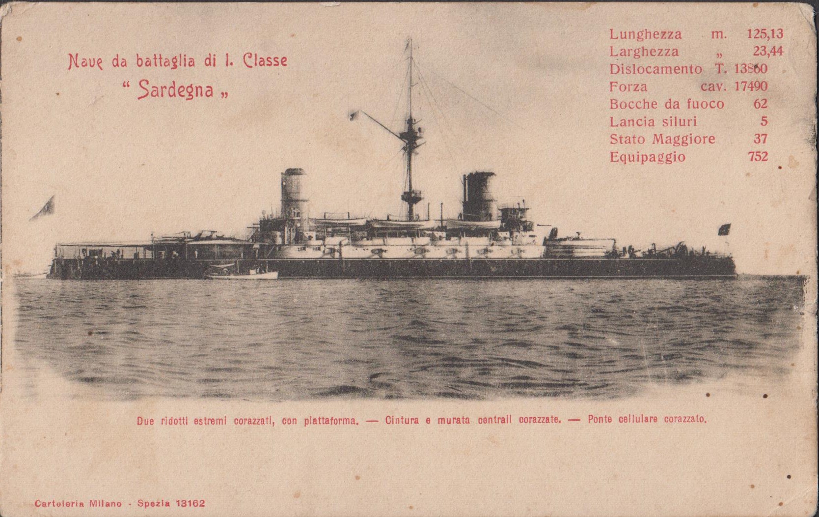 Cartolina Nave da Battaglia di 1° classe Sardegna nvg primi …