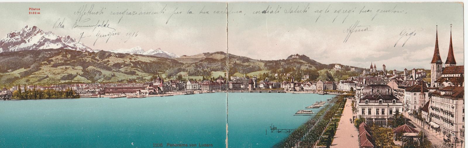 Cartolina postcard Svizzera Panorama Lucerna ripiegata 1916 nvg