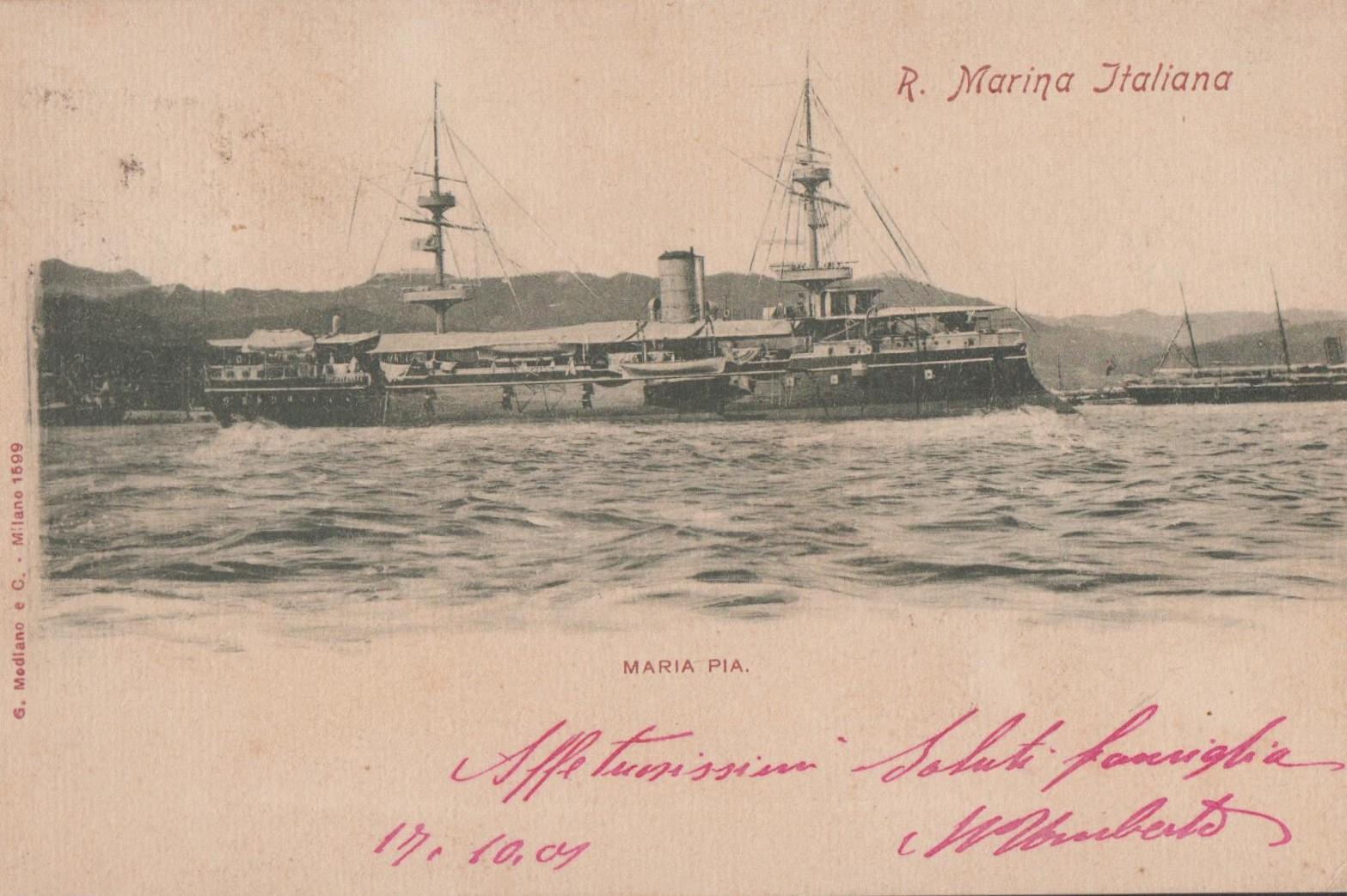 Cartolina R. Marina Italiana Nave Maria Pia vg 1904