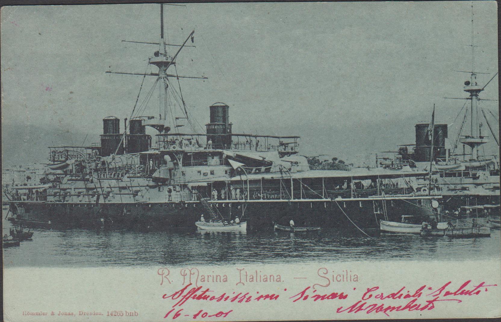 Cartolina R. Marina Italiana Sicilia viaggiata 1901