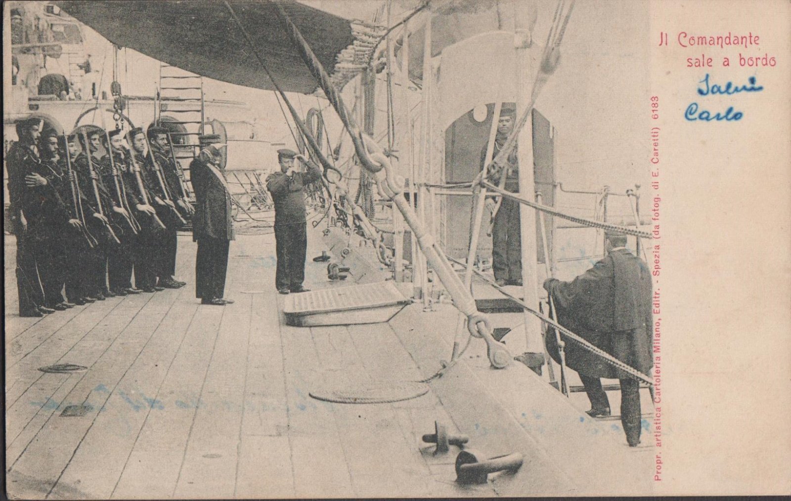 Cartolina Serie Vita di Bordo Il comandante sale a bordo …
