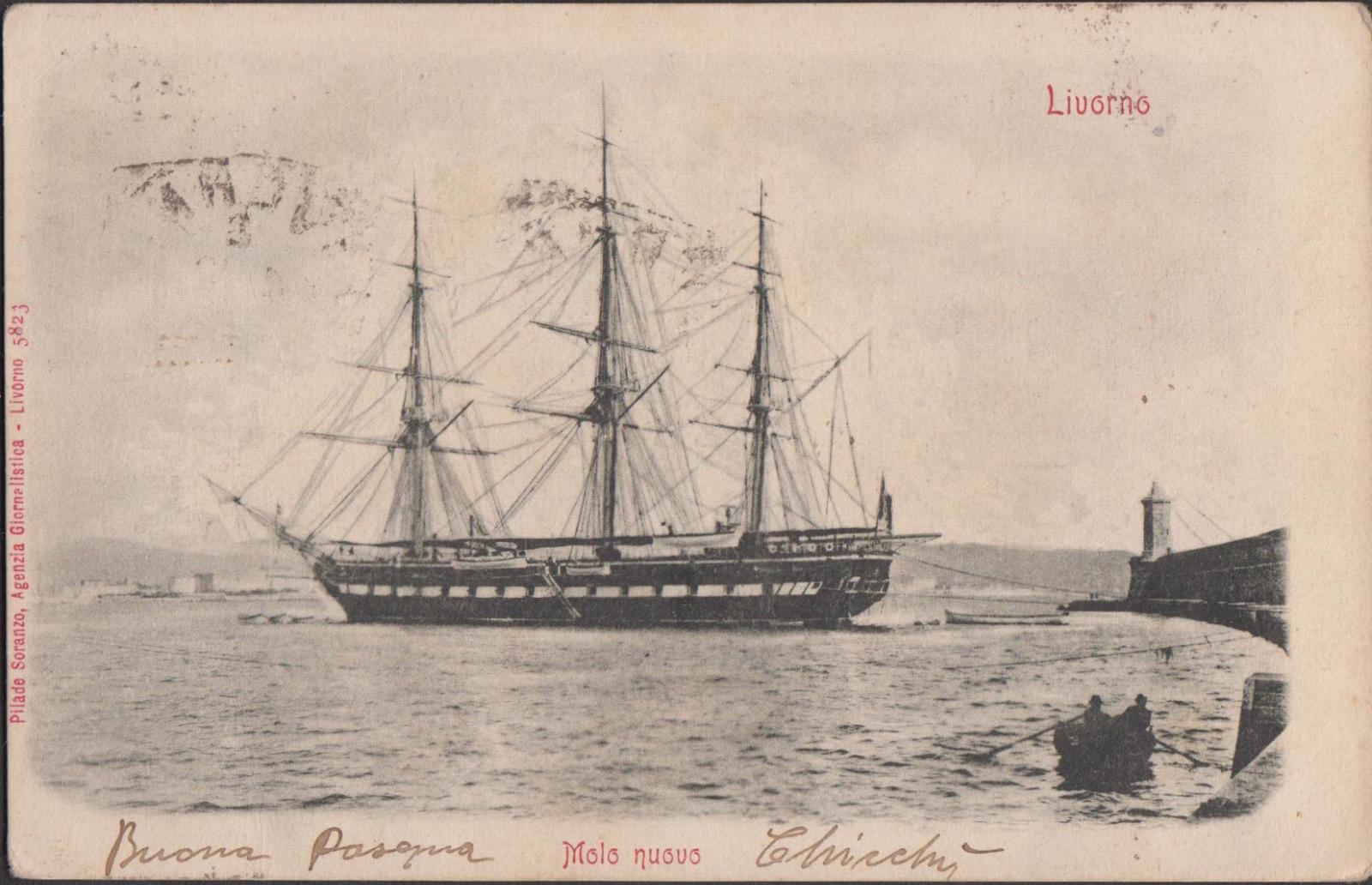 Cartolina Veliero Livorno Molo Nuovo vg 1901